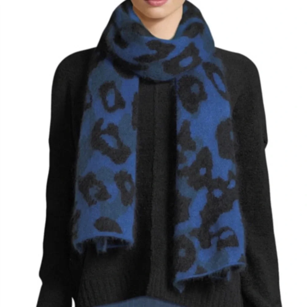 NWT Rag & Bone Mohair Alpaca Silk Blend Scarf Blue Leopard Print